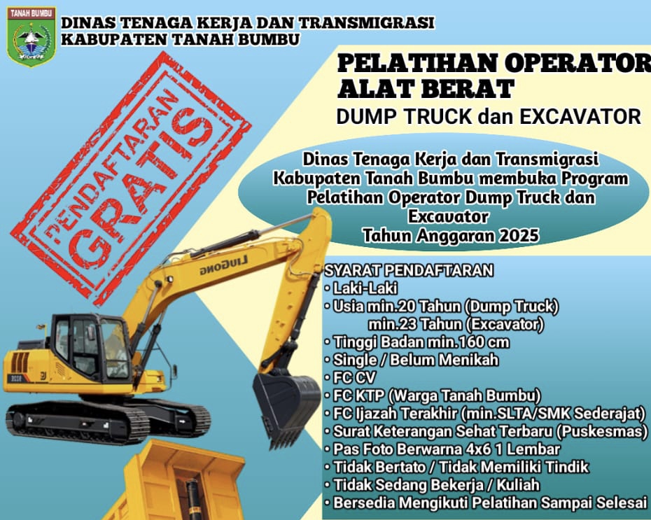 Disnakertrans Tanbu Buka Pelatihan Gratis Operator Dump Truck dan Excavator