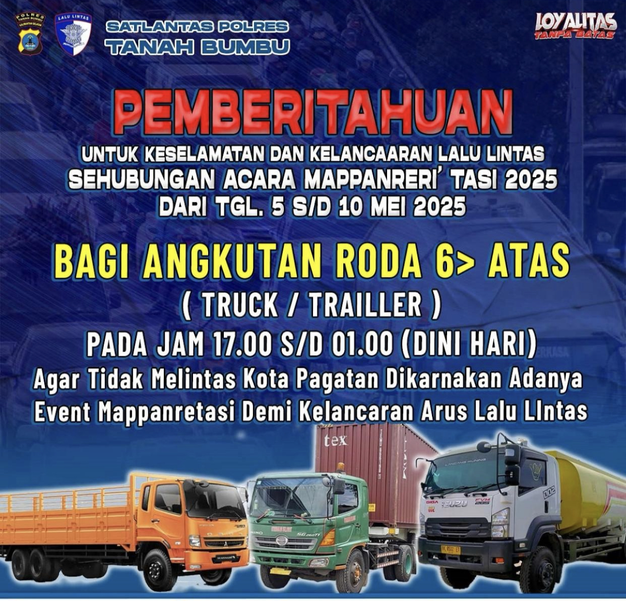 Polres Tanah Bumbu Batasi Perjalanan Angkutan Berat Selama Acara Mappanretasi 2025