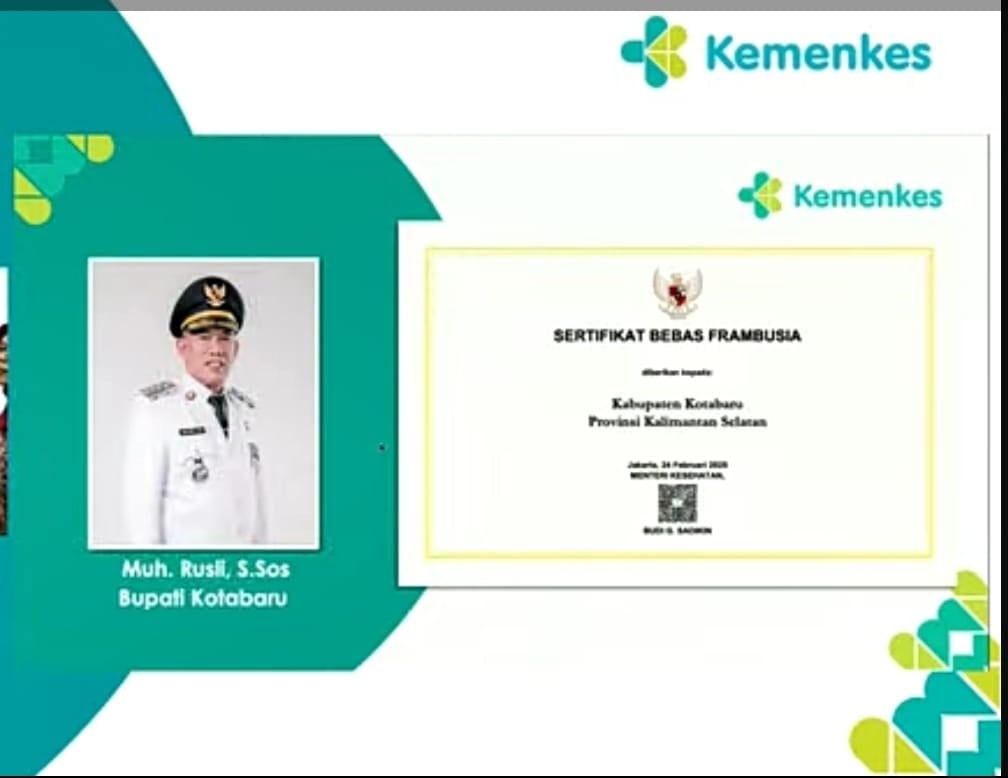 Pemerintah Kabupaten Kotabaru Lulus Penilaian Eliminasi Frambusia dan Dapatkan Sertifikat dari Kemenkes